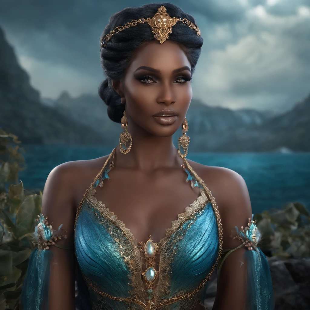 create a mermaid woman character, with Brown skin , blue hair With small braids and gray eyes, the character must have ice magic and an arrogant expression on her face, The image must have dark tones and the character must look like something from a fantasy book, The character reminds Jude of the cruel prince