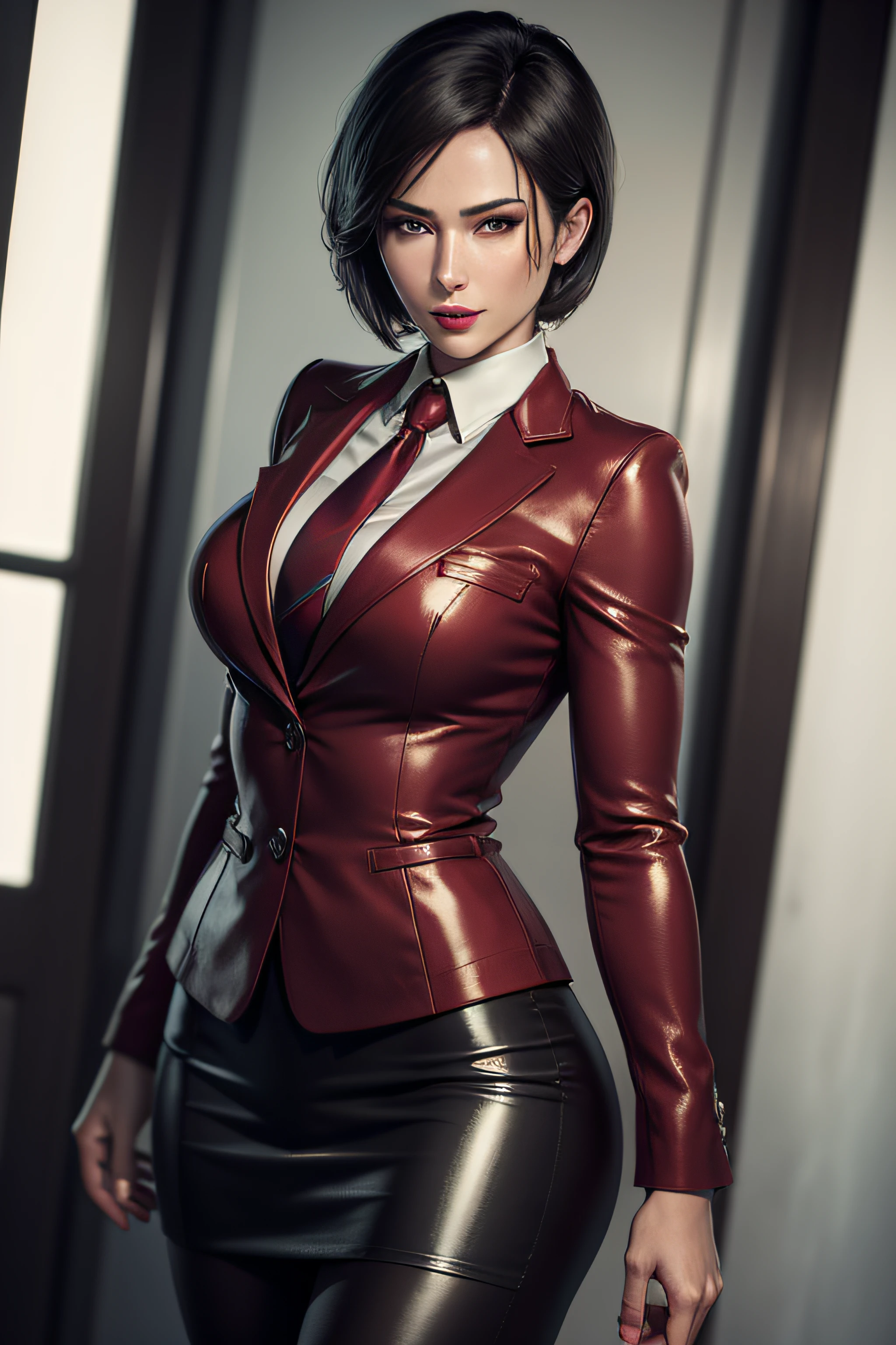 (absurdres, highres, ultra detailed), masterpiece, ada wong (resident evil), ((solo)), short hair, 1girl, skirt suit, business suit, three-piece suit, black pinstripe suit, waistcoat, red shirt, red necktie, bodycon skirt, miniskirt, closed mouth, standing, (((detailed lips))), ((realistic skin)), glowing skin, ((glossy red lips)), portrait, beautiful, smile, normal skin