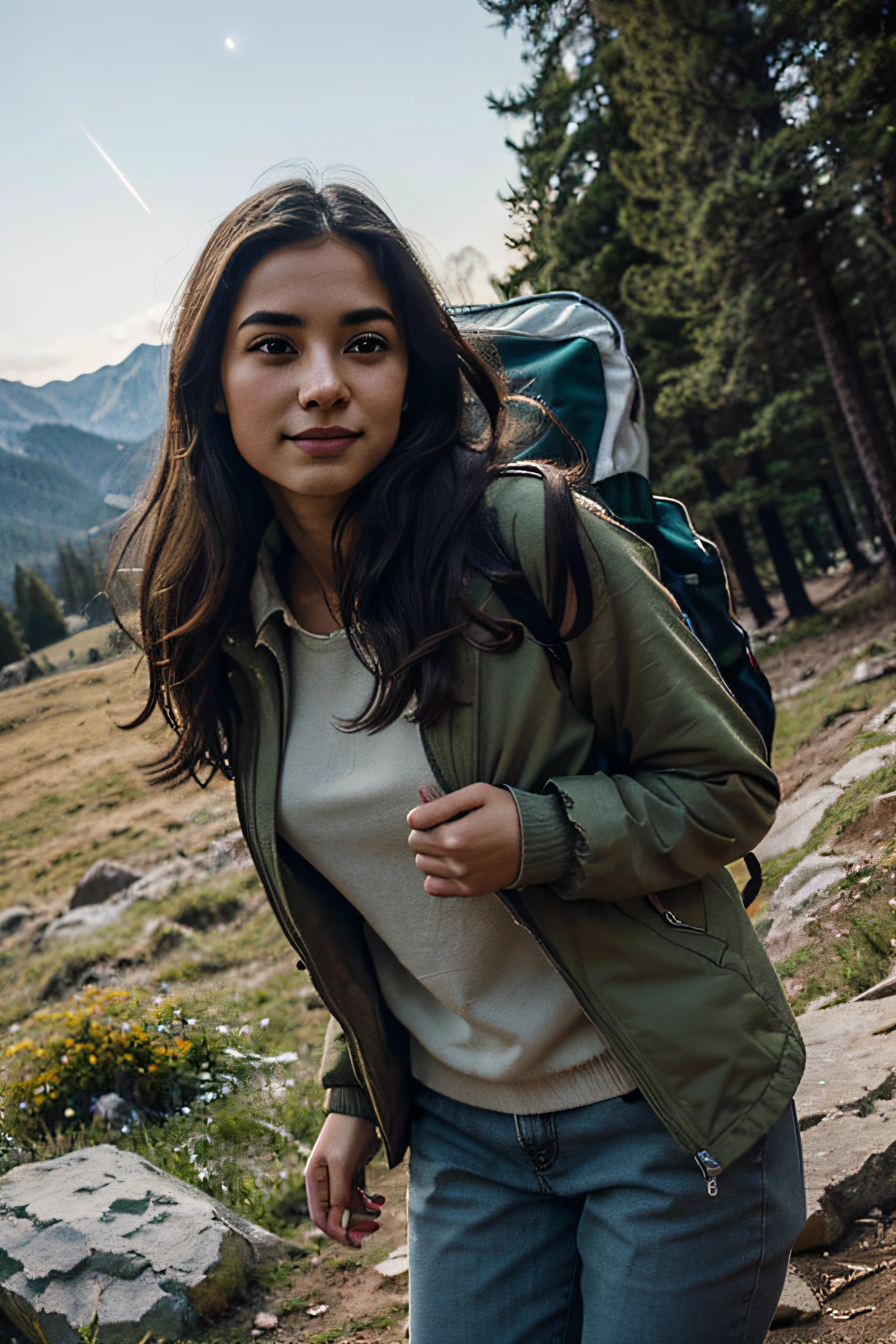 ((Top Quality, 8k, Masterpiece: 1.3)), mexican Woman (1, 19 years old, smile, very detailed face and skin and hair texture, detailed eyes, double eyelids, white skin, beautiful delicate nose, light hair color, long hair, parka wearing, chinos wearing, mountain boots worn), overhead camera, sharp focus: 1.2, while emphasizing the subject's hair, eyes, mouth, action The composition is pleasing to the eye and thought-provoking. ⠀ ground, outdoor, (night), mountain, nature, (stars, moon) cheerful, wind, happy, backpack, tent, bonfire, forest, river, smoke, shadow, contrast, clear sky, style, (warm shades, warm tones), pleasant to the eye, while exuding melancholy emotions, characterized by a contrasting mix of calm tones and light and shadow, with dynamic angles, It is a thought-provoking composition.