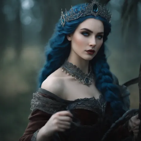 create a woman character, with white skin , blue hair With small braids and gray eyes, the character must have ice magic and an arrogant expression on her face, The image must have dark tones and the character must look like something from a fantasy book, ...