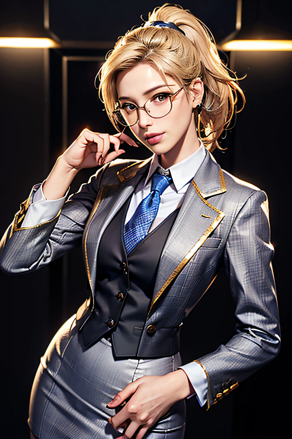 (absurdres, highres, ultra detailed), masterpiece, mercy (overwatch), ((solo)), ponytail, blonde hair, makeup, 1girl, skirt suit, business suit, three-piece suit, grey plaid suit, waistcoat, blue shirt white collar, gold necktie, bodycon skirt, miniskirt, glasses closed mouth, standing, (((detailed lips))), ((realistic skin)), glowing skin, portrait, beautiful, smile, normal skin