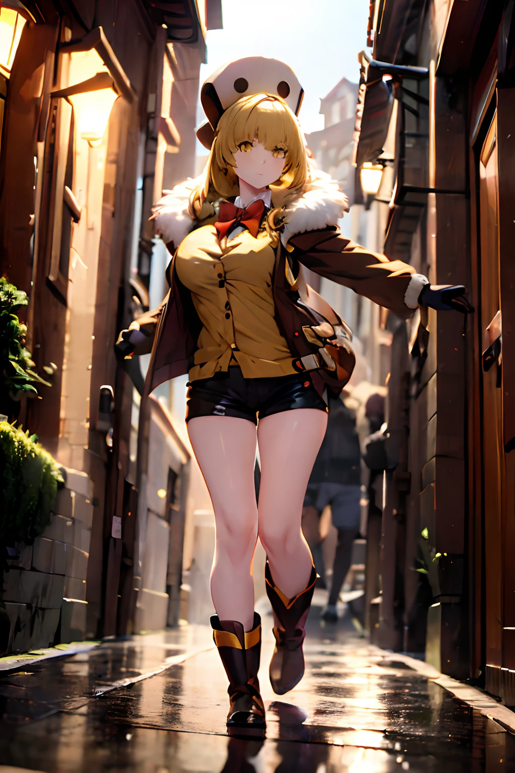 masterpiece, best quality, ((hook)), blonde hair, (yellow hair), gloves, yellow eyes, boots, 1girl, (fur trim), (jacket), bangs, bow, (fur hat), (shorts), looking at viewer, long hair, walking, solo focus, brown gloves, brown footwear, open clothes, long sleeves, full body, bowtie, tight shirt, (open jacket), (brown shorts), (brown jacket), (adult body), divine proportions, accurate proportions, large breasts, (sexy), (long sexy legs), slim build, tall, arched back, leg strap, angry, tsundere, dark alley, night, (cobblestone streets), soft orange lighting, dynamic perspective, night life, (8k), (best quality), (masterpiece: 1.2), (realistic), (photorealistic: 1.37), ultra detailed, one girl, viewer watching, full body, 28 years old, high quality anime face, pretty face, attractive face, hime pose.