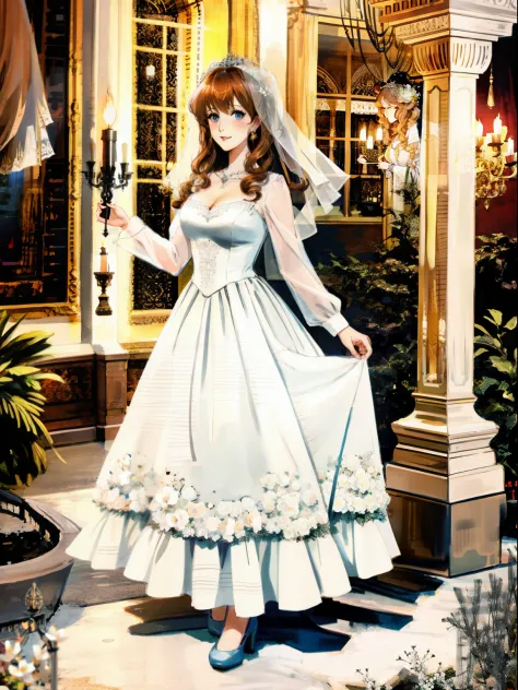 melissarauch, brown curly hair, full body,wedding dress, white flowers head covering, holding candelabra, haunted mansion