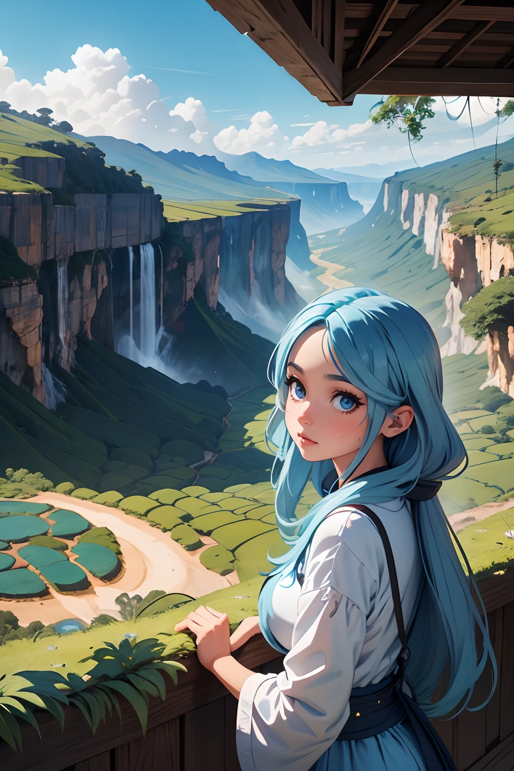 Two girls walking on a farm, girl with long blue hair and blue eyes +  with long indigo blue hair and blue eyes, Touwa erio, style artgerm