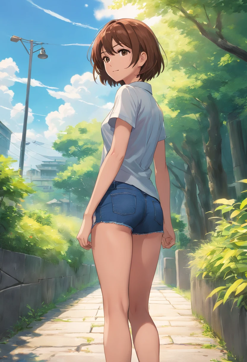 A woman in shorts and a t - shirt standing on a sidewalk - SeaArt AI