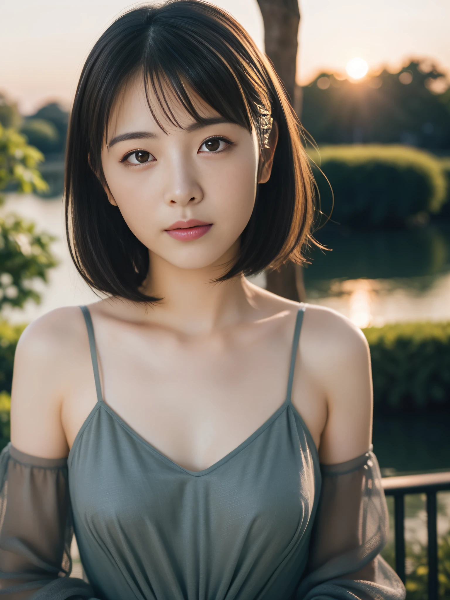 1young girls, Extremely beautiful, (Extremely cute), (extremely detailed beautiful face), Amazing face and eyes, rather dense hair、bob cuts、slightly brighter eyes、no-makeup、(Mini dress with camisole)、(Best Quality:1.4), (Ultra-detailed), extremely detailed CG unified 8k wallpaper, A hyper-realistic, (Photorealsitic:1.4), full body Esbian、Raw photography, professional photograpy, Cinematic lighting, Realistic portrait, ((Bokeh)), (depth of fields:1.4), (View photographer:1.3)、18year old、(Inokashira Park),(Inokashira Pond)、(full body Esbian)、Accurate eyes、Beautiful mouth、(Keep your mouth completely closed)、(early evening:1.3)、(look at a camera)、(brilliant sunset:1.25)、Orange evening sky