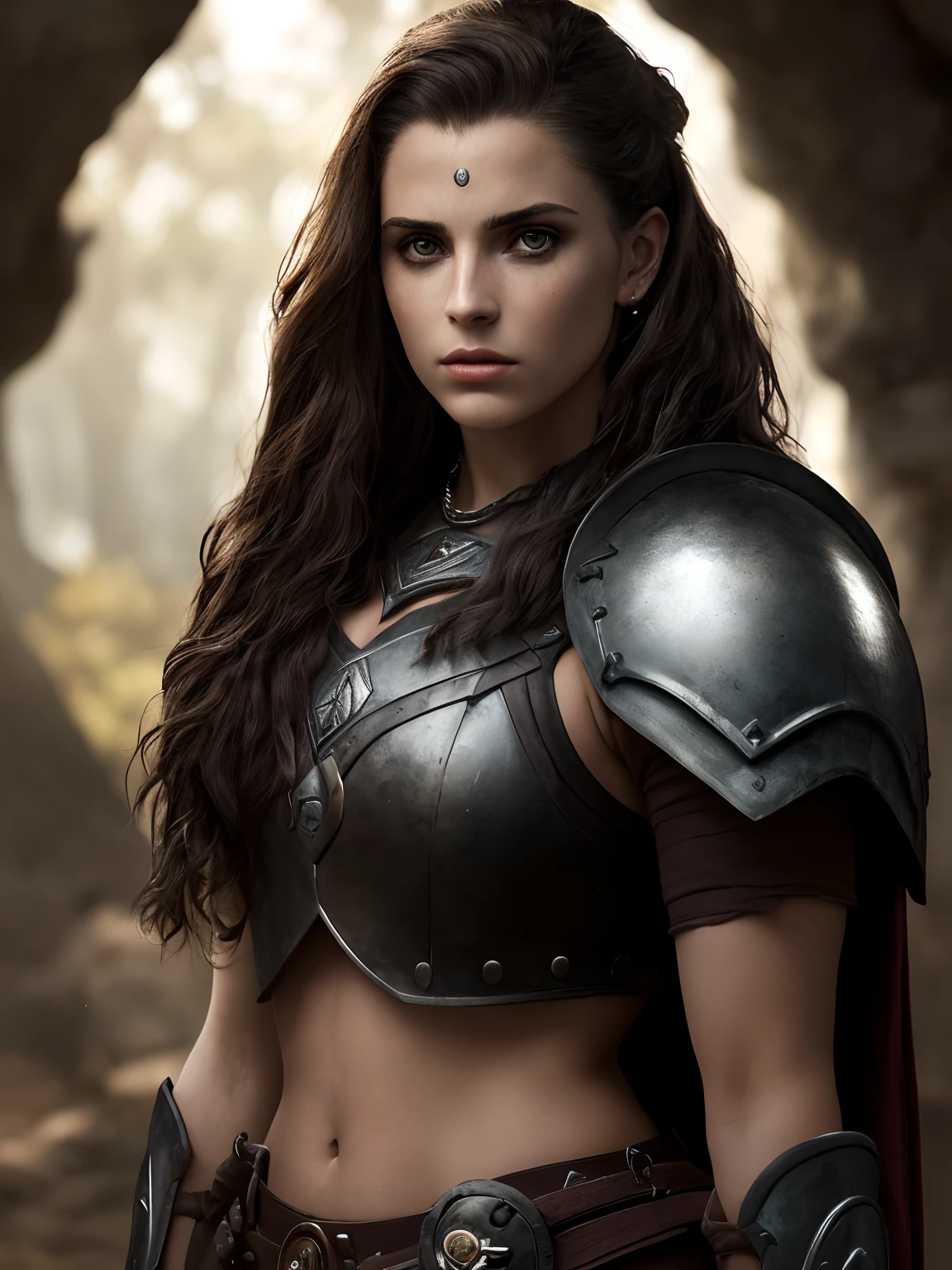 fully body, (high qualiy: 1.3), Cinematic Still Shot, Masterpiece artwork, (sharp focus: 1.5), (photorrealistic: 1.3), medium portrait of (A 16-year-old warrior-looking Viking warrior woman, Loire, side cut hair, tattoo's, Breasts huge, but still proud and fierce, now the leader of her village , dressed in elaborately detailed chain mail and leather armor, forst, giving the scene a somber atmosphere, but sculpting the shapes in crisp chiaroscuro), it is night time, (highly detailed skin), (face detailed), detailed back ground, dark ilumination, twilight lighting, volumeric lighting, complexdetails, uhd,