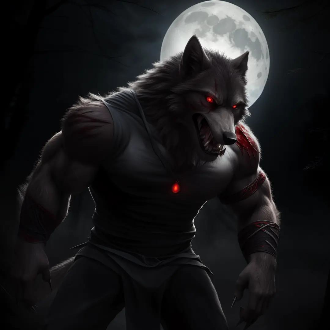 (best quality,highres,masterpiece:1.2),(realistic,photorealistic,photo-realistic:1.37),detailed werewolf,unique Halloween,wolf-like creature,scary costume,full moon,spooky atmosphere,dark forest,menacing shadows,pale moonlight,haunting eyes,intense facial ...