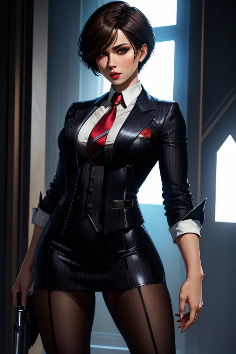 masterpiece, best quality, 1girl, ada wong (resident evil)) skirt suit, (((three piece suit))), black pinstripe suit, necktie, w...