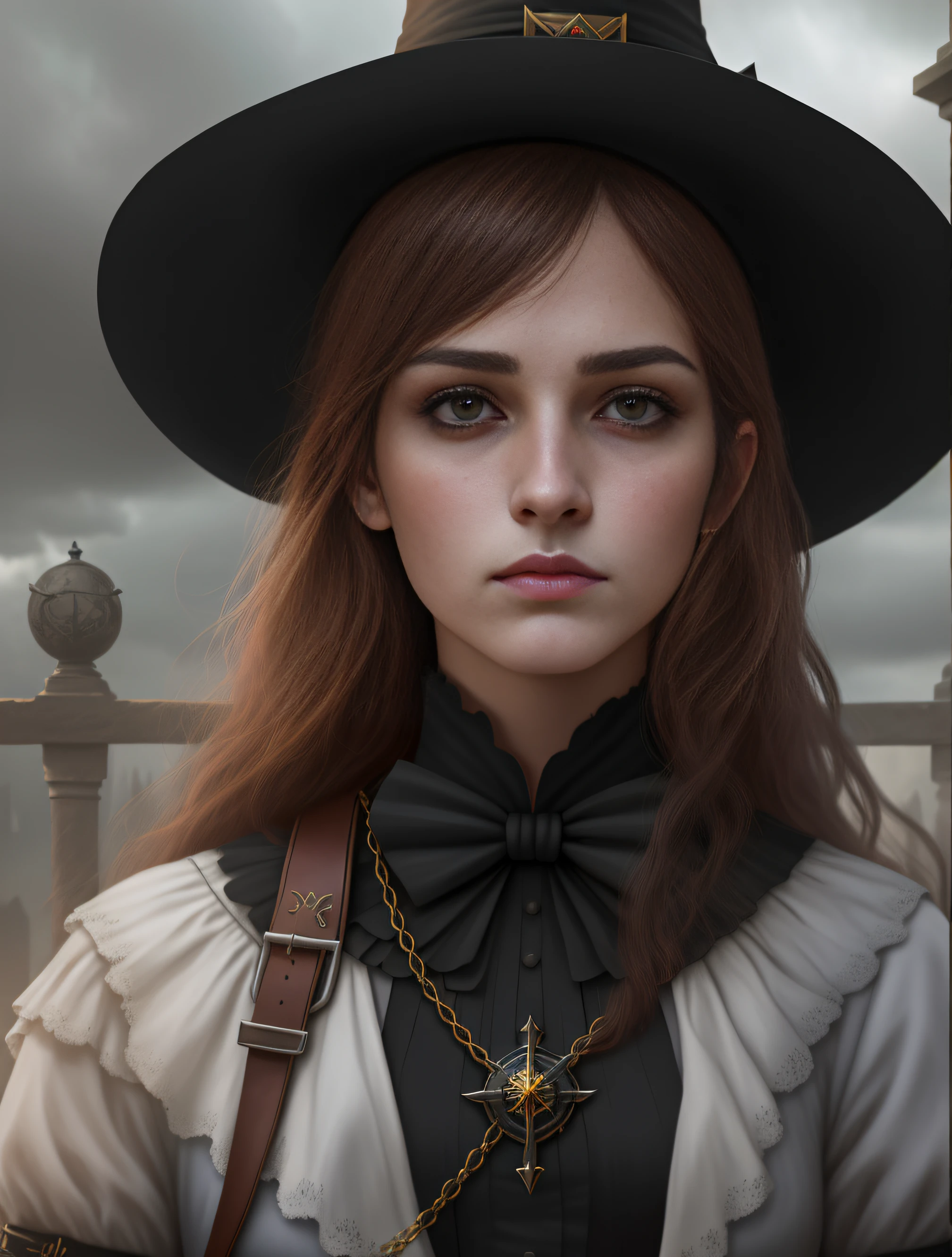 There is a woman with a hat and a cross in the background, Portrait of a young witch, Portrait of a young witch, works of art in the style of guweiz, classical witch, Photorealistic Render of Anime Girl, Karol Bak by Emma Watson Nun, Portrait of a witch, dark fantasy mixed with realism, realistic fantasy render, 8K portrait rendering
