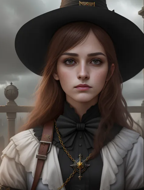 Hay una mujer con un sombrero y una cruz en el fondo, Retrato de una joven bruja, Retrato de una joven bruja, Obras de arte al e...