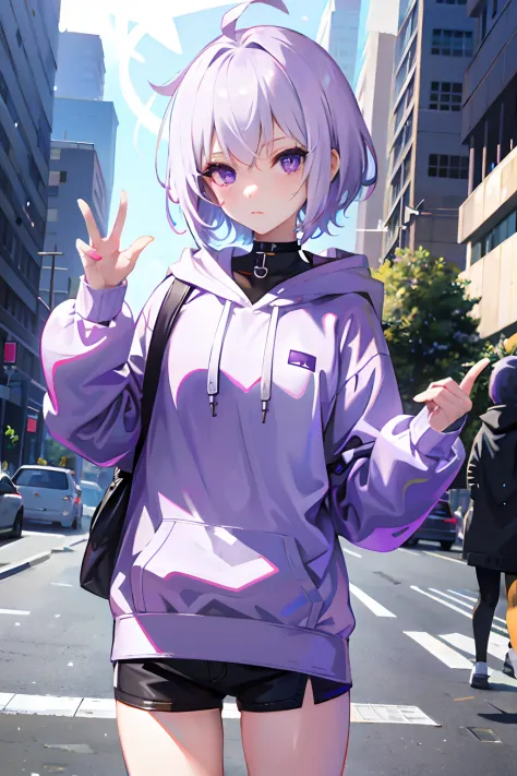 anime girl, white short hair, purple eyes, hoodie, pc, streamer, vtuber, street style
