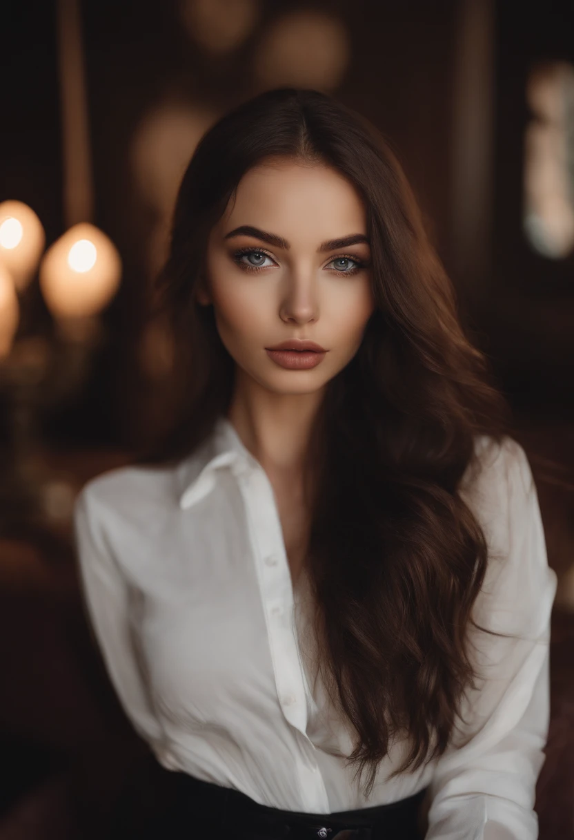 A woman with long hair wearing a white shirt and black pants - SeaArt AI