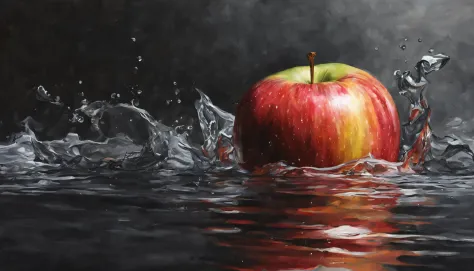 ma apple sitting on top of the water on the right side, fundo escuro lado esquerdo, pintura digital hiper realista, hiper-realis...