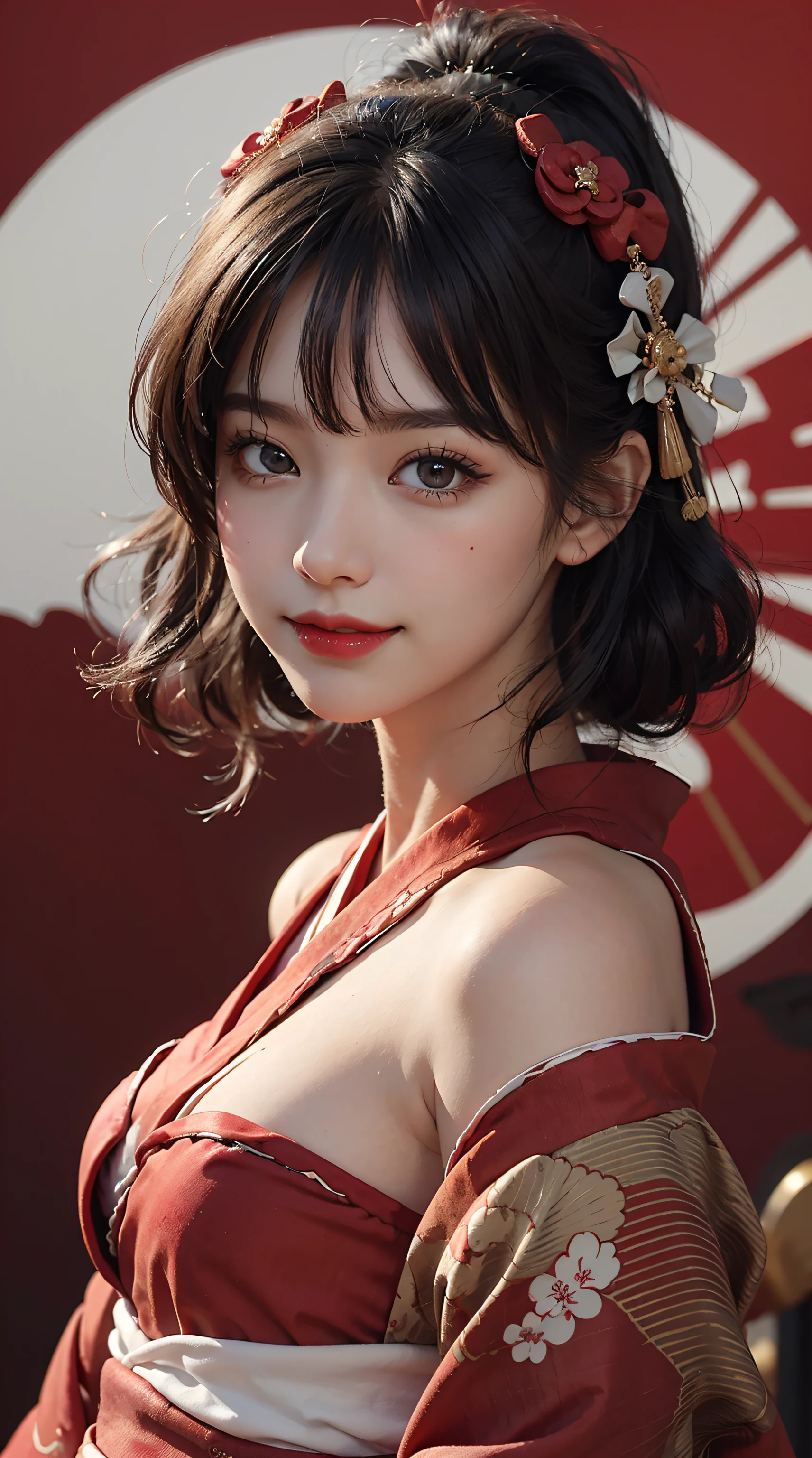 beste Qualität, Meisterwerk, ultrahohe Auflösung, Roh, 8k, ultra-realistisch, junges Mädchen, schulterfrei, lächeln, natürliches Licht, detaillierte Haut, (Schwarzes Haar:1.4), roter Lippenstift, (Bangs:1.2), ((Sakura-Hintergrund)), Außergewöhnlich schöne Augen, (Dunkle Augen:1.4), Kimono tragen_Kleidung, ((roter Kimono:1.4))