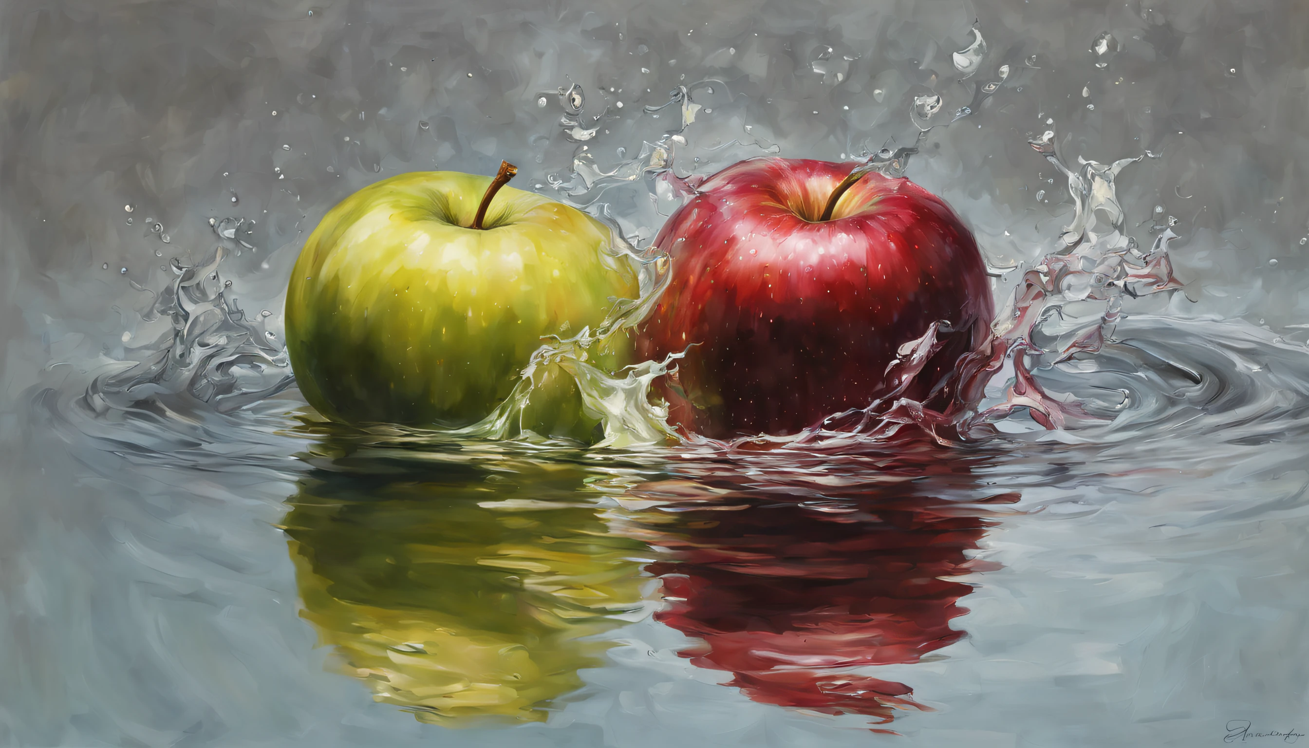 Ma apple sitting on top of the water on the right side, lado esquerdo vazio, fundo verde, pintura digital hiper realista, hiper-realismo colorido, amazing food illustration, amazing food photography, hyper realistic oil painting, foto colorida hiper realista, ultrarealistic oil painting, fotografia colorida realista, hyper realistic oil painting, hyperrealistic oil painting, Beautiful 3D rendering, pintura digital hiper-realista