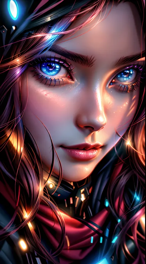 A closeup of a woman with blue eyes and a red scarf, bela arte digital, 8k arte detalhada de alta qualidade, retrato impressiona...