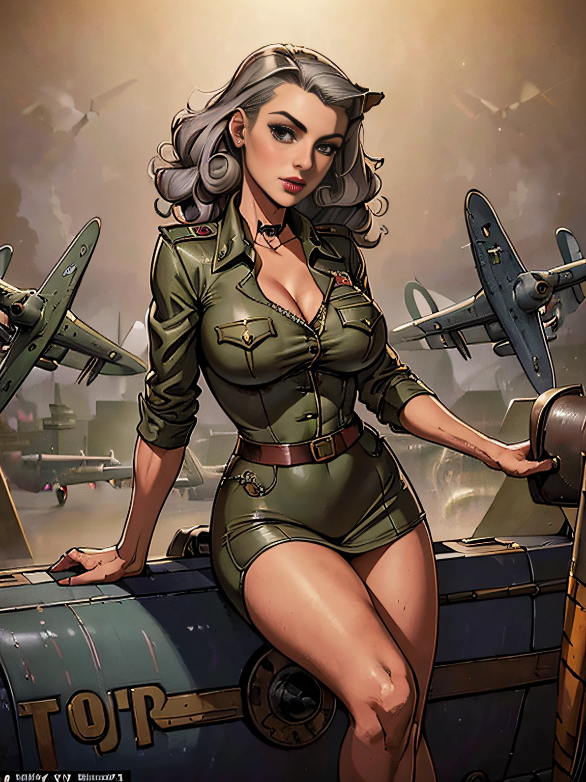 (masterpiece, top quality, best quality, official art, beautiful and aesthetic:1.2), (1girl:1.3), (gray hair victory curls), vintage 1940's American hairstyle, extremely detailed, portrait, looking at viewer, solo, (full body:0.6), detailed background, close up, vintage makeup, retro style, (warm summer military base theme:1.1), pinup girl, elegant face, long face, charlatan, smirk, mysterious, patriotic costume, high heels, legs, P 31 mustang plane, WWII plane, fighter, ((flying, tiger, or plane)) ,plane, (((( medium, breast )))), toned, slim waist, slim hips, long legs, muscular legs, historical (WW2 airbase exterior:1.1) background, dark mysterious lighting, shadows, magical atmosphere, dutch angle