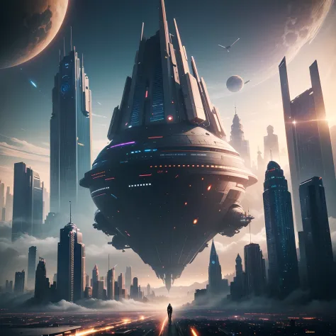 Space City、Futuristic cities、floating in the universe、cyberpunked、Skyscrapers line the streets、A space station、top-quality、​masterpiece、２４century、dream、utopian、planet earth、World of Dreams、Fantasia、𝓡𝓸𝓶𝓪𝓷𝓽𝓲𝓬、Beautiful city、Space City、A world far beyond huma...