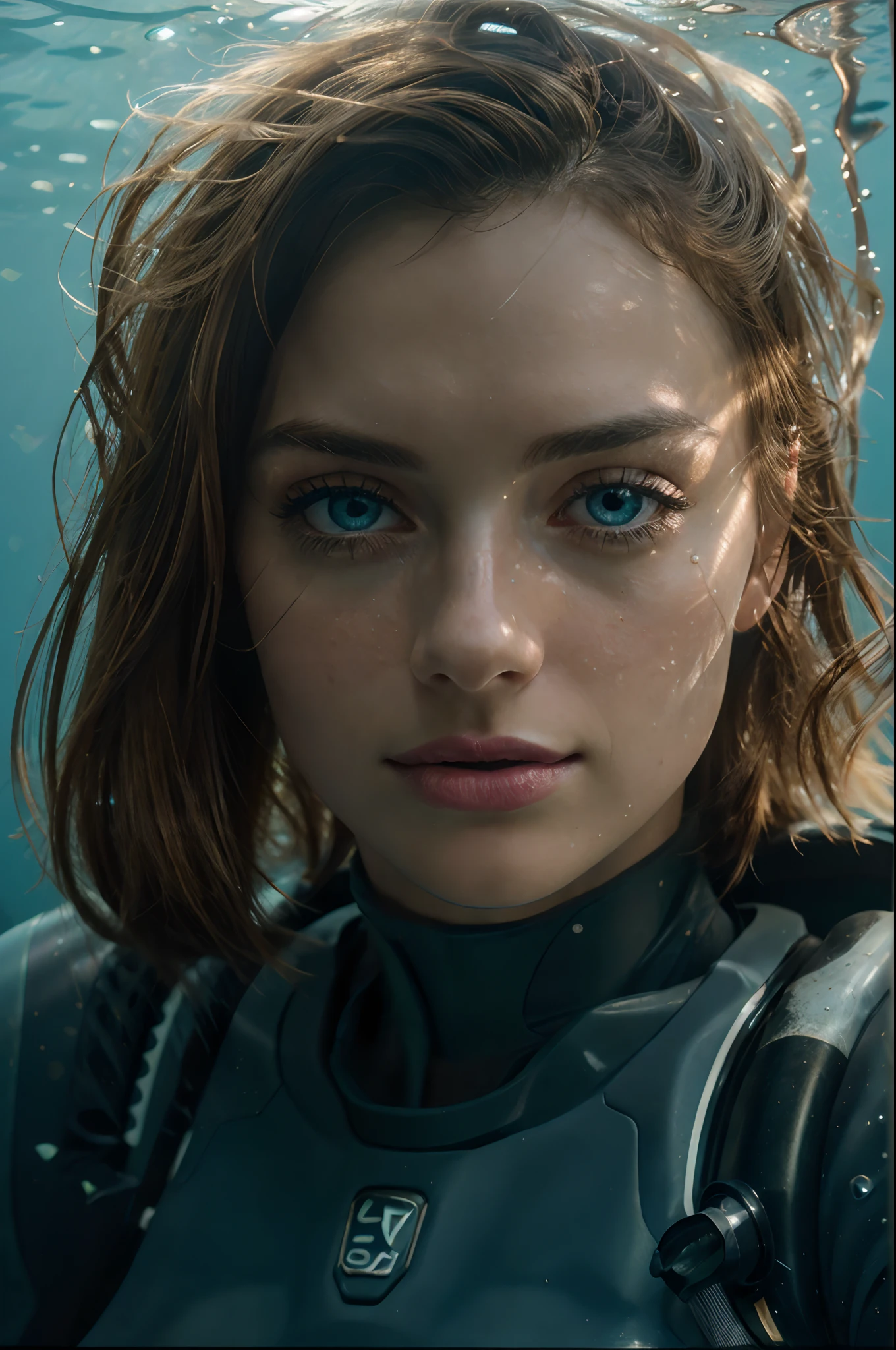 (8k, ARTISTIC photography, best quality, masterpiece: 1.2) close up, woman in an underwater spacesuit, (luminous deep sea creatures around her:1), best quality, sunlight, detailed face, gorgeous eyes, realistic skin details, high quality, seen from below, romantic, high quality, film grain, Cinematic Light, sidelighting, sharp focus