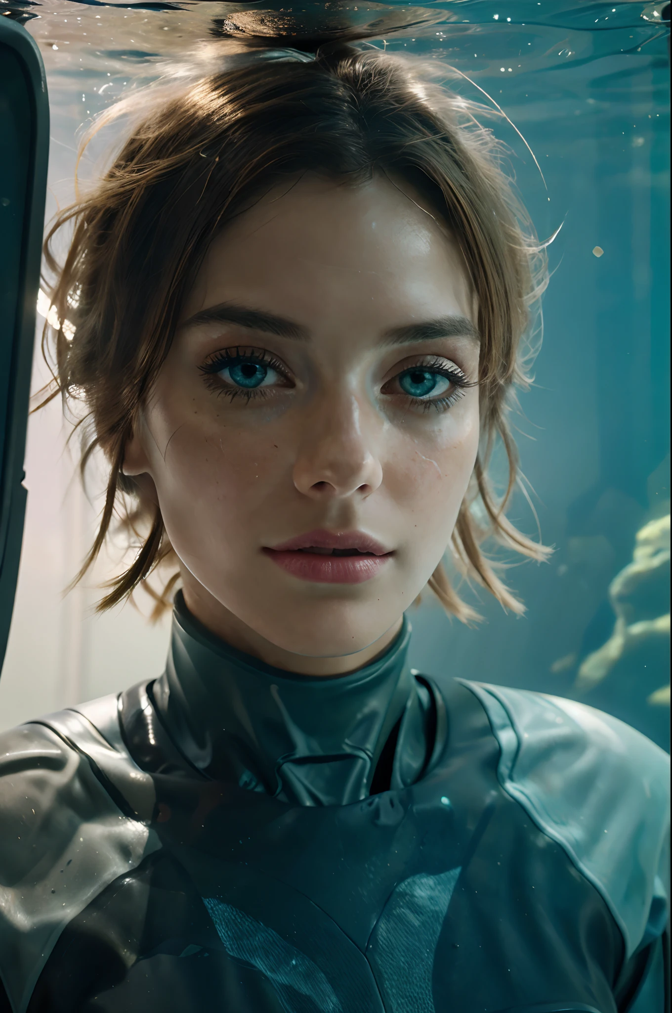 (8k, ARTISTIC photography, best quality, masterpiece: 1.2) close up, woman in an underwater spacesuit, (luminous deep sea creatures around her:1), best quality, sunlight, detailed face, gorgeous eyes, realistic skin details, high quality, seen from below, romantic, high quality, film grain, Cinematic Light, sidelighting, sharp focus