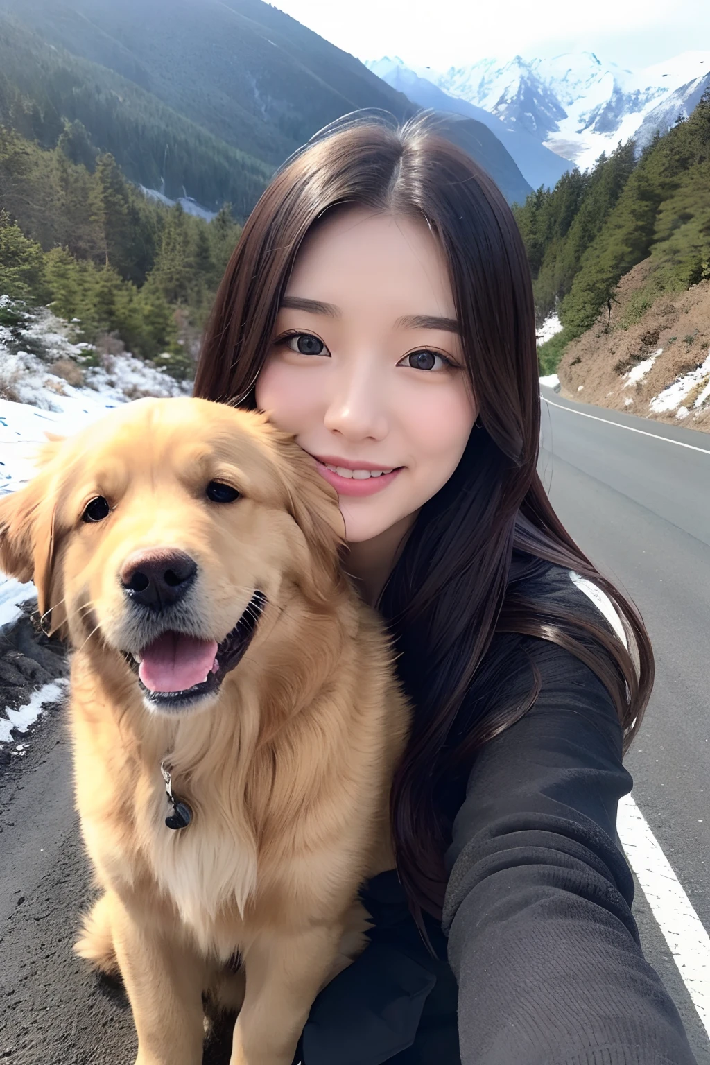 25 year-old girl, Clear facial features, close up, Happy and a golden retriever, black hair, Walk on mountain trails, There was snow on the road.