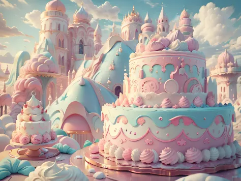 Masterpiece, Best quality, （huge cake）Pastel colors,Magical sky clouds,Fine texture,Pink fluffy cream,cake shop,Vibrant colors,Candy toppings,，Texture , heavily stylized, 4K,， unreal engine 5 render,