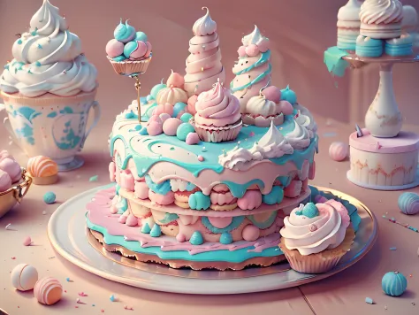 Masterpiece, Best quality, （huge cake）Pastel colors,Magical sky clouds,Fine texture,Pink fluffy cream,cake shop,Vibrant colors,Candy toppings,，Texture , heavily stylized, 4K,， unreal engine 5 render,