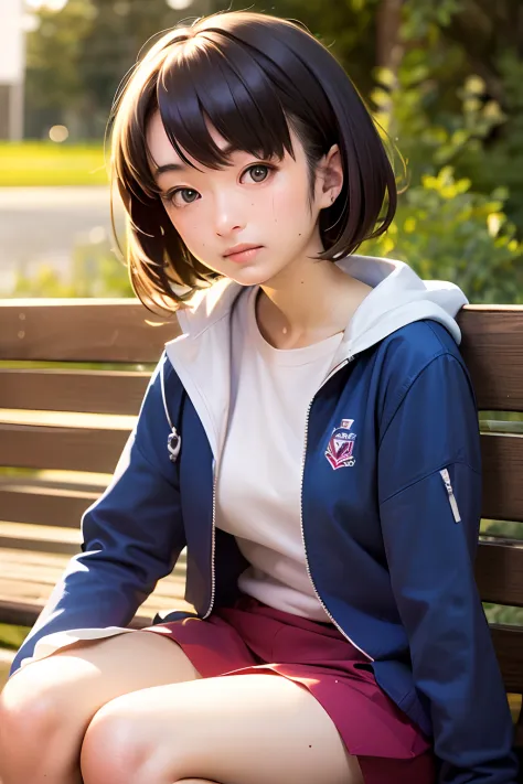 masterpiece, best quality, 1girl, solo, MUGI, ((20yo, japanese face, japanese Actress)), pixie cut, black hair, black eyes, blue jacket, black gym-wear, (No expression), sitting, outdoors, sitting on a bench, ((upper body, face focus, face close-up)),