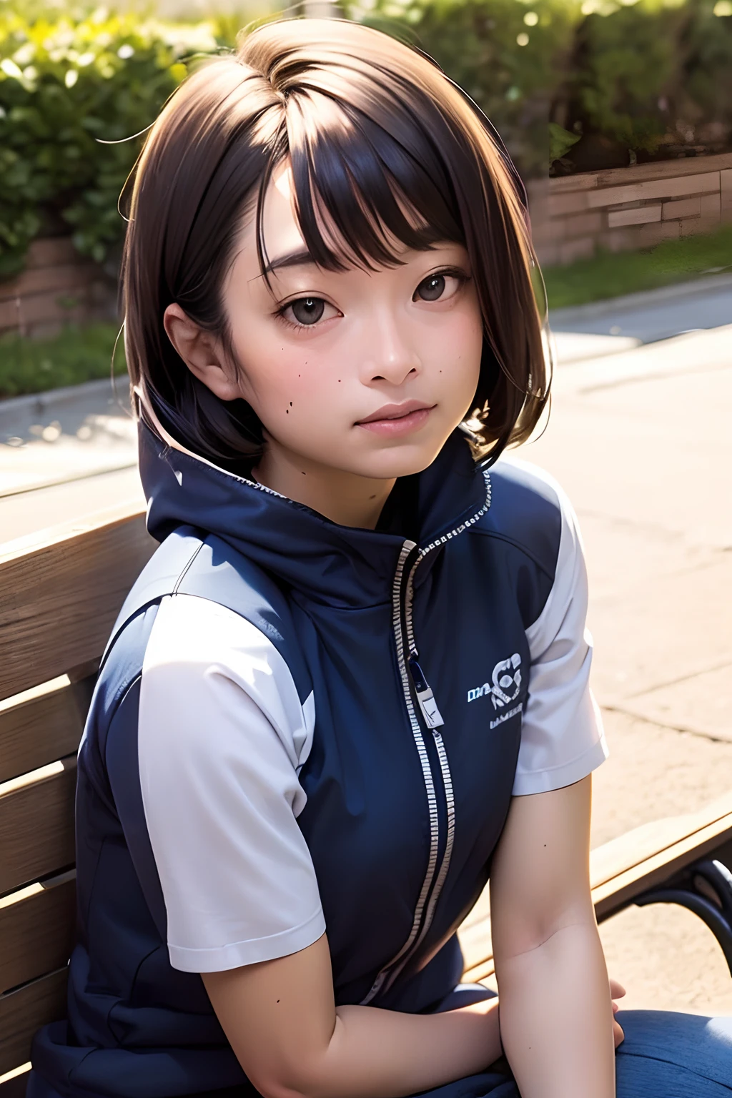 masterpiece, best quality, 1girl, solo, MUGI, pixie cut, black hair, black eyes, blue jacket, black gym-wear, (No expression), teeth mouth, sitting, outdoors, sitting on a bench, ((upper body, face focus, face close-up)),