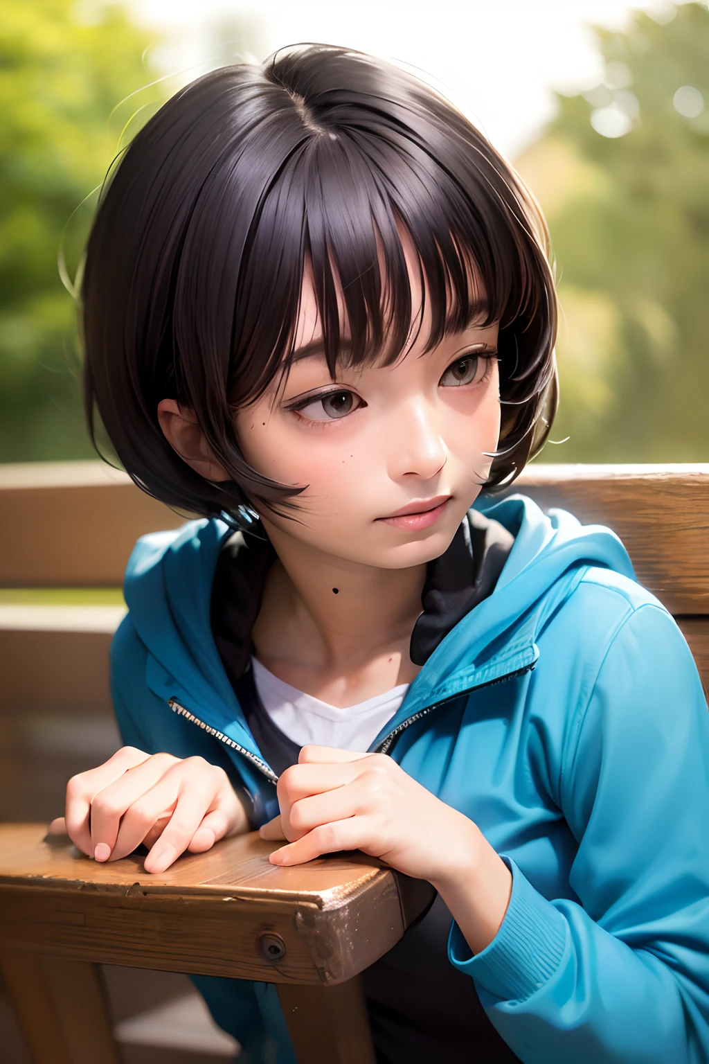 masterpiece, best quality, 1girl, solo, MUGI, pixie cut, black hair, black eyes, blue jacket, black gym-wear, (No expression), teeth mouth, sitting, outdoors, sitting on a bench, ((upper body, face focus, face close-up)),