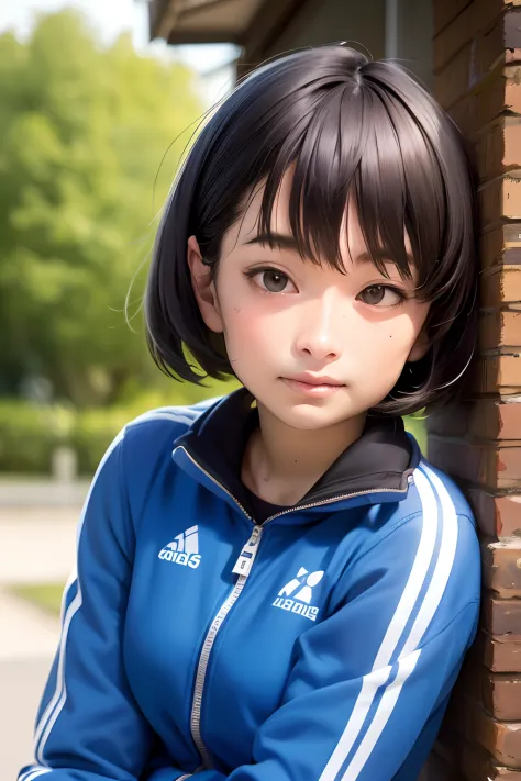masterpiece, best quality, 1girl, solo, MUGI, pixie cut, black hair, black eyes, blue jacket, black gym-wear, (No expression), teeth mouth, sitting, outdoors, sitting on a bench, ((upper body, face focus, face close-up)),