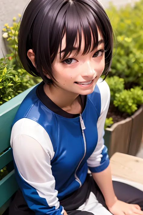 masterpiece, best quality, 1girl, solo, MUGI, pixie cut, black hair, black eyes, blue jacket, black gym-wear, evil smile, teeth mouth, sitting, outdoors, sitting on a bench, ((upper body, face focus, face close-up)),