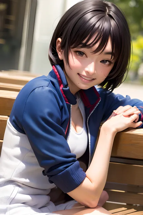 masterpiece, best quality, 1girl, solo, MUGI, pixie cut, black hair, black eyes, blue jacket, black gym-wear, evil smile, teeth mouth, sitting, outdoors, sitting on a bench, ((upper body, face focus, face close-up)),