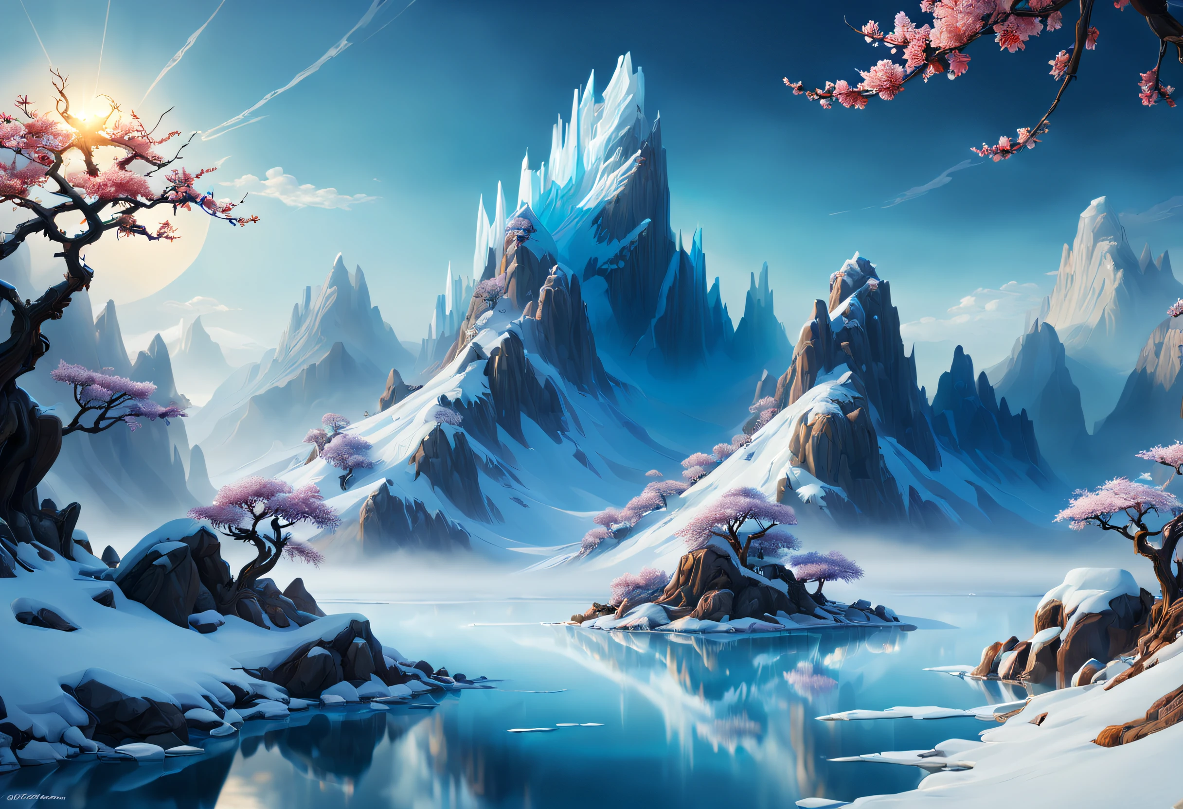 Space Magic Week， Magic concept art highlights，Ancient Chinese landscapes，snow mountains，snowy peak，mountain ranges，Winters，snowflower，Snow and ice cover，Ice Lake，Cold，branches，Bleak，fog atmosphere，blue-sky，baiyun，Rime，Winter sun，north wind，Icicles，snow landscape，holly，Pine，Ice，Frozen soil，Chill，ice - carving，（Very detailed CG unity 8K wallpaper），most beautiful artwork in the world，Professional majestic oil painting，iintricate，high detal，sharp fokus，dramatics，Realistic painting art，Romantic landscape style, canon eos 5d mark iv, Sunny impressionism, sparkling water reflections, high-quality photo, Stock Photo - AR 2:3 --v 5，a digital dreamscape， Magical fantasy 3D concept art， stunning concept art ，Warm pigments，Bright colors，Bright light，Extreme refinement，(tmasterpiece)，super detailing，Epic composition，hyper HD，high qulity，offcial art，32k