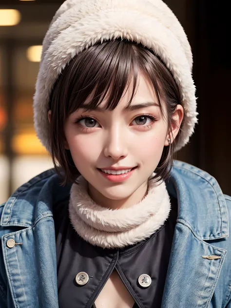 (masutepiece, top-quality、Very attractive adult beauty、Add intense highlights to the eyes、Beautiful face with symmetry),1girl in, 独奏, A dark-haired, Winter hat, realisitic, looking at the viewers, pale blue eyes, shorth hair, coat, Winter clothes, White he...