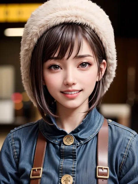 (masutepiece, top-quality、Very attractive adult beauty、Add intense highlights to the eyes、Symmetrical beautiful face),1girl in, 独奏, A dark-haired, Winter hat, realisitic, looking at the viewers, pale blue eyes, shorth hair, coat, Winter clothes, White head...