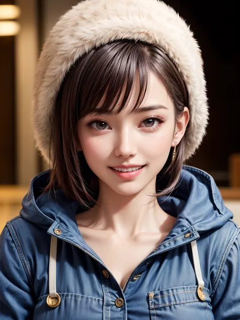 (masutepiece, top-quality、Very attractive adult beauty、Add intense highlights to the eyes、Symmetrical beautiful face),1girl in, 独奏, A dark-haired, Winter hat, realisitic, looking at the viewers, pale blue eyes, shorth hair, coat, Winter clothes, White head...