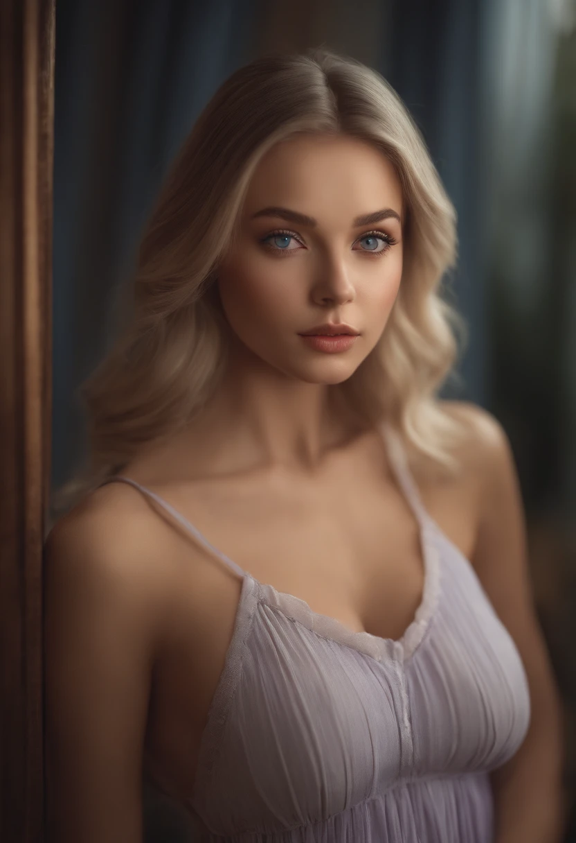 arafed woman fully , sexy girl with blue eyes, ultra realistic, meticulously detailed, portrait sophie mudd, blonde hair and large eyes, selfie of a young woman, bedroom eyes, violet myers, without makeup, natural makeup, looking directly at the camera, face with artgram, subtle makeup, stunning full body shot, in the club, medium to large size bust