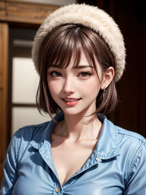 (masutepiece, top-quality、Very attractive adult beauty、Add intense highlights to the eyes、Symmetrical beautiful face),1girl in, 独奏, Light brown shiny hair, Winter hat, realisitic, looking at the viewers, pale blue eyes, shorth hair, White coat, White winte...