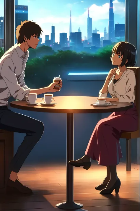 a boy and a girl having tea in a cafe, futuristic city background, highly detailed, ((masterpiece, best quality, photo realistic)), (shiny skin), (UHD, 8K wallpaper, High resolution), Perfect anatomy, Cinematic lighting, physically-based rendering, award-w...