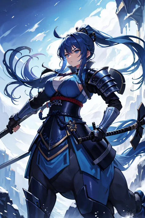4k,hight resolution,One Woman,centaur,Blue hair,Long ponytail,samurais,Blue samurai armor