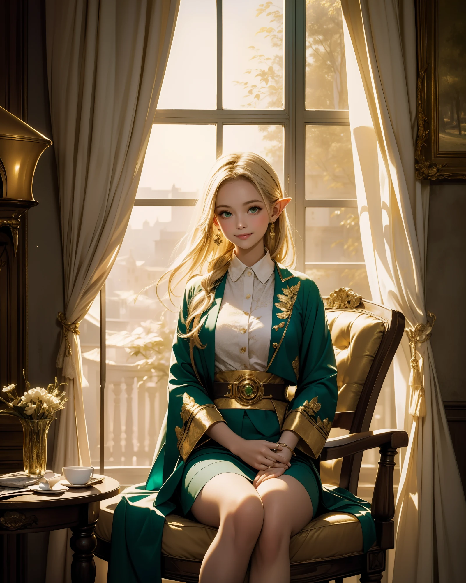 (((Masterpiece, highest quality, high definition, high detail)))), (((Fantasy))), ((Walled City)), ((Inside the inn)), (Sitting in a chair and looking out the window))), ((People passing through the city)), One, Elf woman, Short skirt of white embroidered with gold, Blonde long straight hair, Dark green eyes, Green surcoat embroidered with gold, Smile, Big, (Breeze) , There are a lot of light particles floating in the room