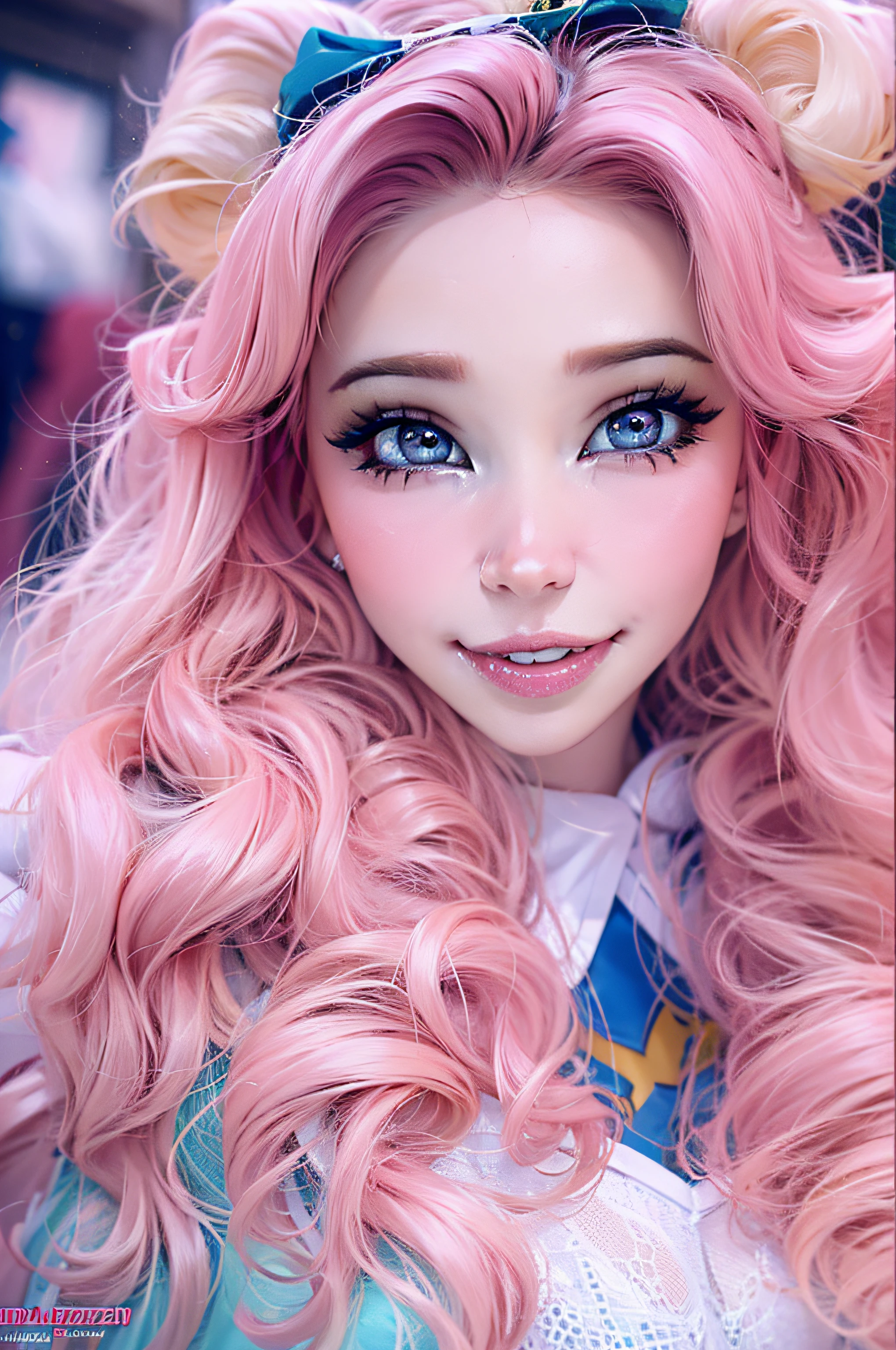 Belle Delphine vêtue d&#39;un costume de super fille à peau blanche, yeux bleus, longs cheveux roses, beau sourire, grands yeux, avec une fête costumée en arrière-plan