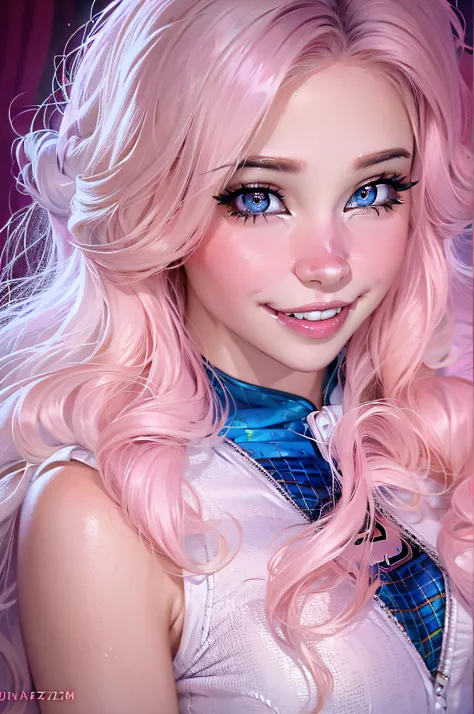 belle delphine vestida con un disfraz de super girl piel blanca, ojos azules, cabello largo y rosa, hermosa sonrisa, ojos grande...