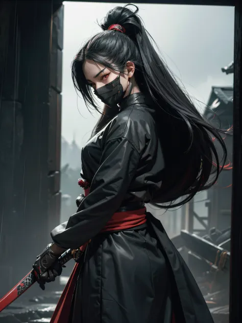 Masked samurai in profile, long hair tied in motion, full black details, red eyes like beams, katanas on his back at his waist a...