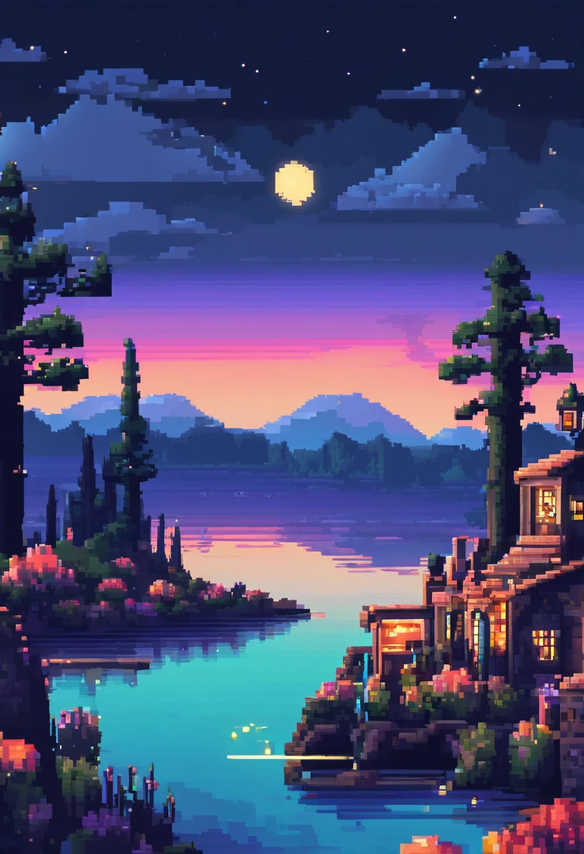 Pixel art calm place landscape.Beautiful night sky.Look to a small town. Night. 3d pixel art 4k. Incredible pixel art details. Pixel art. Detailed unreal engine pixel art.1280 720