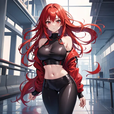 anime girl, red hair, stylish, fashion, full body shot, scenery, tight clothes, large breasts