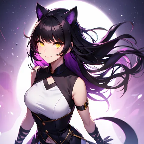belladonna、Cat's ears、1girl in、独奏、length hair、middlebreasts、A dark-haired、yellow  eyes、A smile、is standing、dynamicposes、8K、​mast...