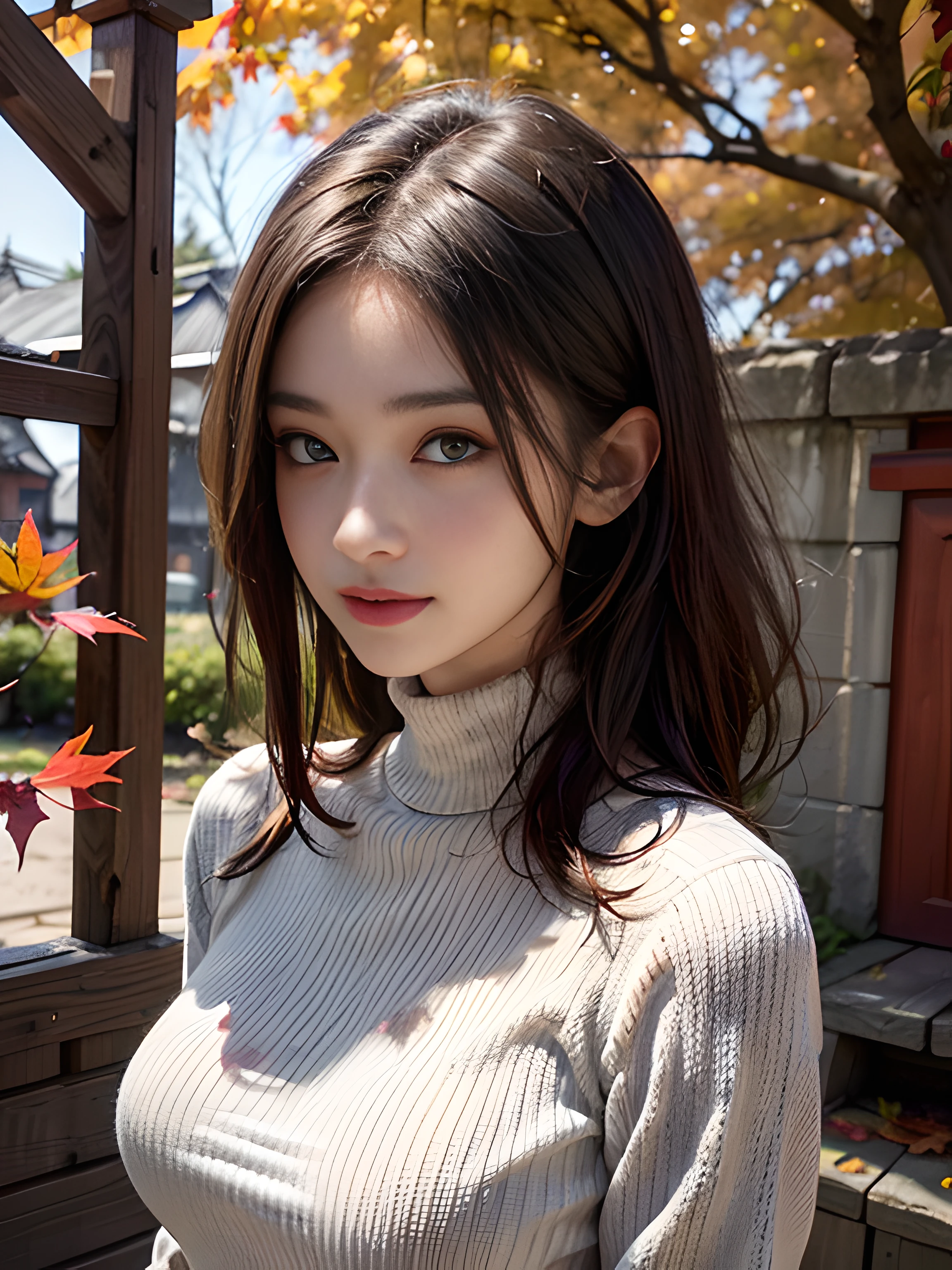 (8K high image quality), (top-quality), (RAW image quality),(masutepiece:1.2), (Realistic), (Photorealistic:1.37), Goose egg face,largeeyes,long eyelasher,Exquisite（Live-action realistic style）,The Ultimate Face,Photorealistic light and shadow,Clear facial features,milky skin,Fair skin, highdetailskin,Realistic skin details,Visible Pore,（Super Detail）,Hair length is random, （Flowing hair）,Best portraits,Shot from a short distance, 1-girl, Cute,Beautiful detailed eyes, beautiful detailed nose, highlydetailed skin,Full body ,(eyecontact),(Colossal tits、Breast Abundance)、(Beautiful face with double eyelids), (Realism: 1.4),High image quality, excellent details, Ultra-high resolution, (Show your best smile to the audience), , favor details,,delicate and beautiful face,,20yr old,(Beautiful Face 1.4),A slender, (Red knitted sweater with turtleneck:1.2)、(Long pleated skirt:1.2),((At a shrine with an autumn atmosphere,Colored leaves)),The color of the skirt is random,,Show your smile,,Medium Hair,(I wear a long skirt)